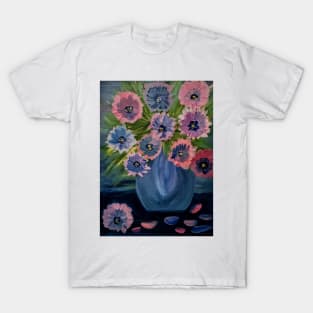 A lovely boutique of abstract metallic flowers in a blue vase . T-Shirt